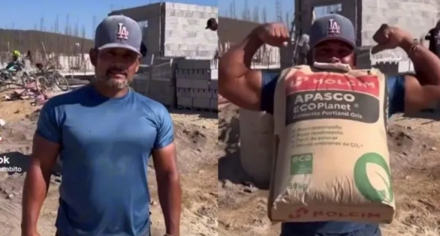 Alba&ntilde;il levanta bolsas de cemento con los dientes 