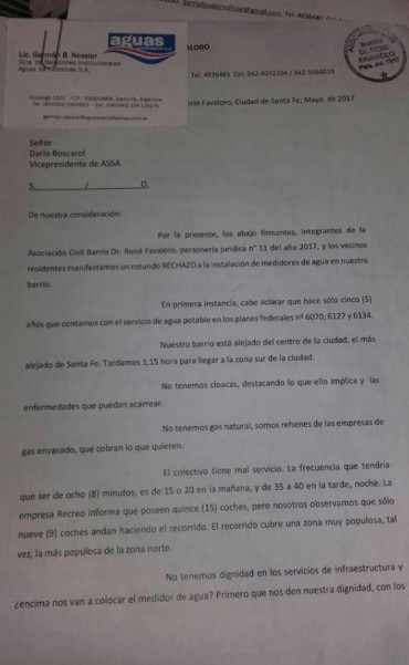 Barrio Ren&eacute; Favoloro rechaza la instalaci&oacute;n de micromedidores de agua