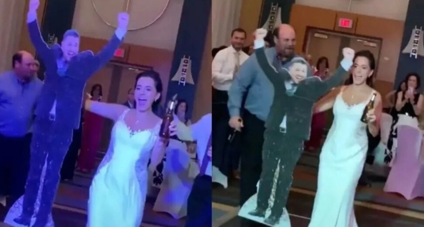 Una mujer decidi&oacute; hacer su fiesta de casamiento con la figura de cart&oacute;n de su novio