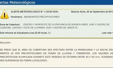 Alerta meteorol&oacute;gica por abundantes precipitaciones para centro y sur de Santa Fe 