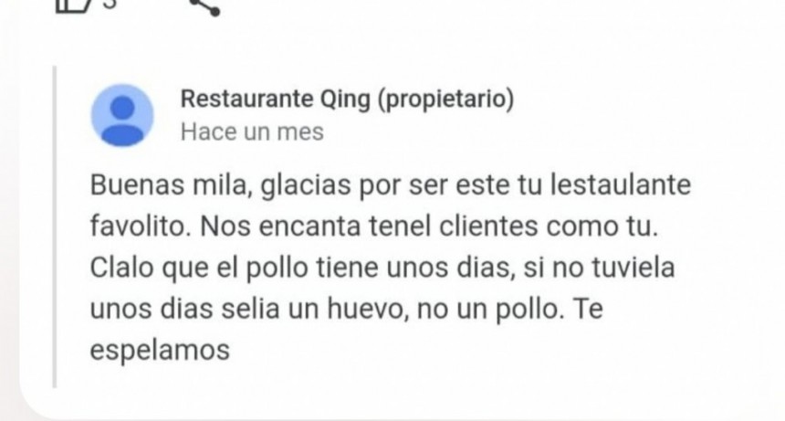 Restaurante chino responde una rese&ntilde;a negativa con &ldquo;glacias, te espelamos&rdquo;
