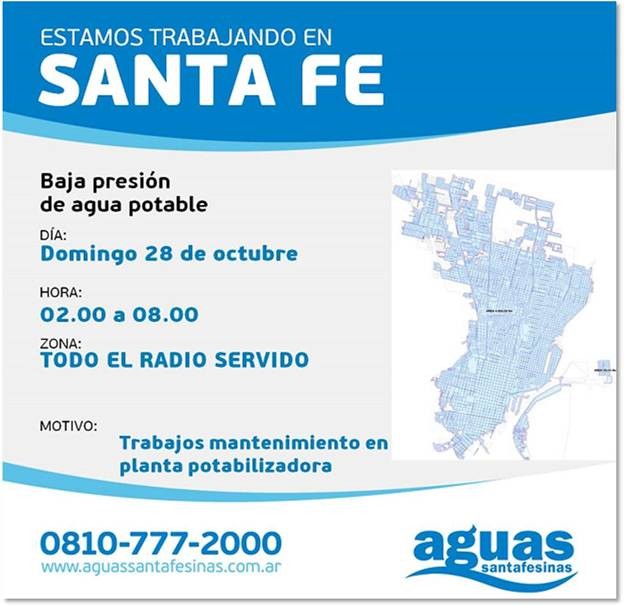 Corte de agua programado para el domingo en Santa Fe