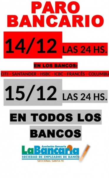 Paro de bancarios durante mi&eacute;rcoles y jueves