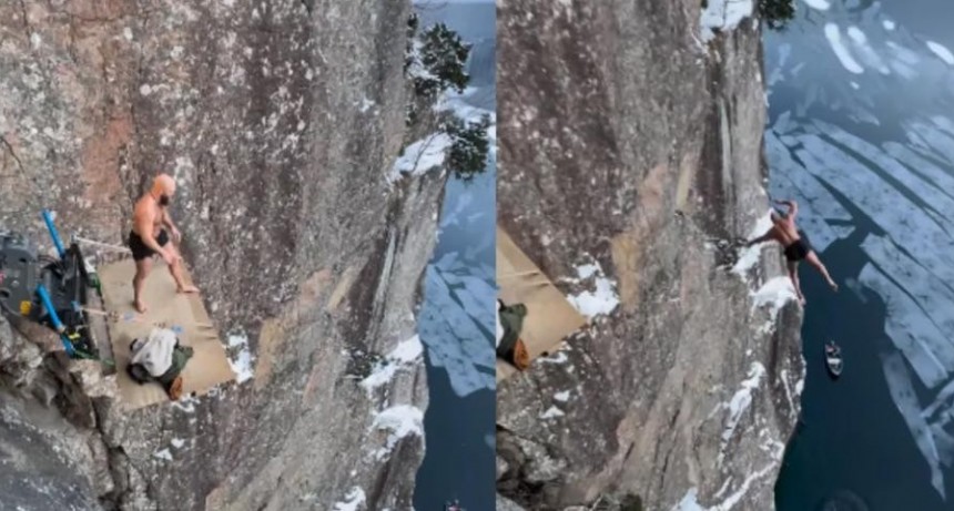 Noruego se tira a un lago con hielo desde 40 metros de altura